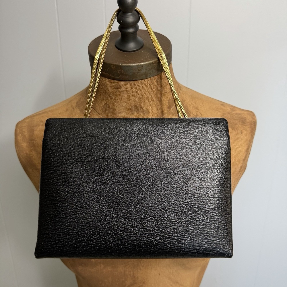 1950s Koret Black Pebble Leather Chain Handbag Mid Century Coin Purse